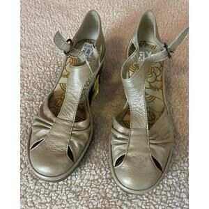 Fly London Gold Leather Yett Platform Wedge Heels Mary Jane Pump Size 37/ US 7